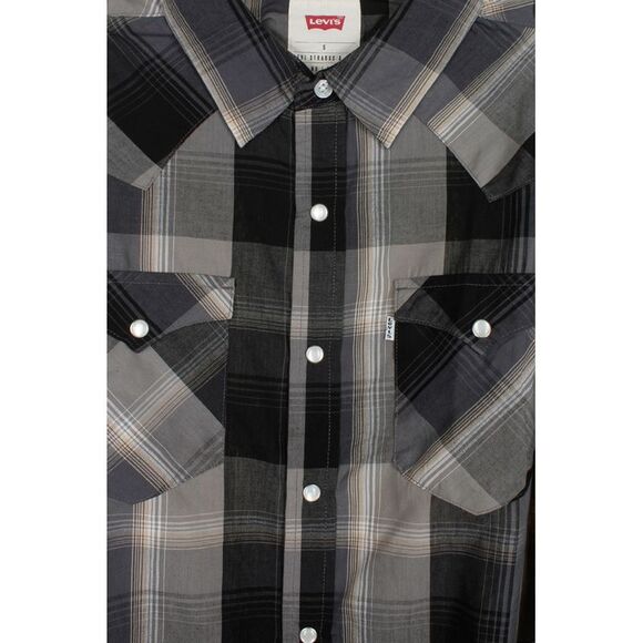Levi's Men's Long Sleeve Western Cut Snap Plaid Shirt Black Grey - Picture 3 of 4